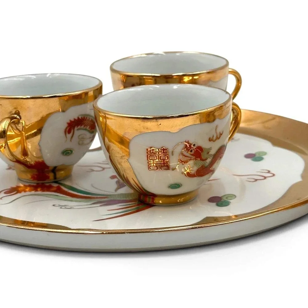NOS Vintage Chinese Wedding Tea Set Dragon Phoenix Gold Original Box 10 Pc